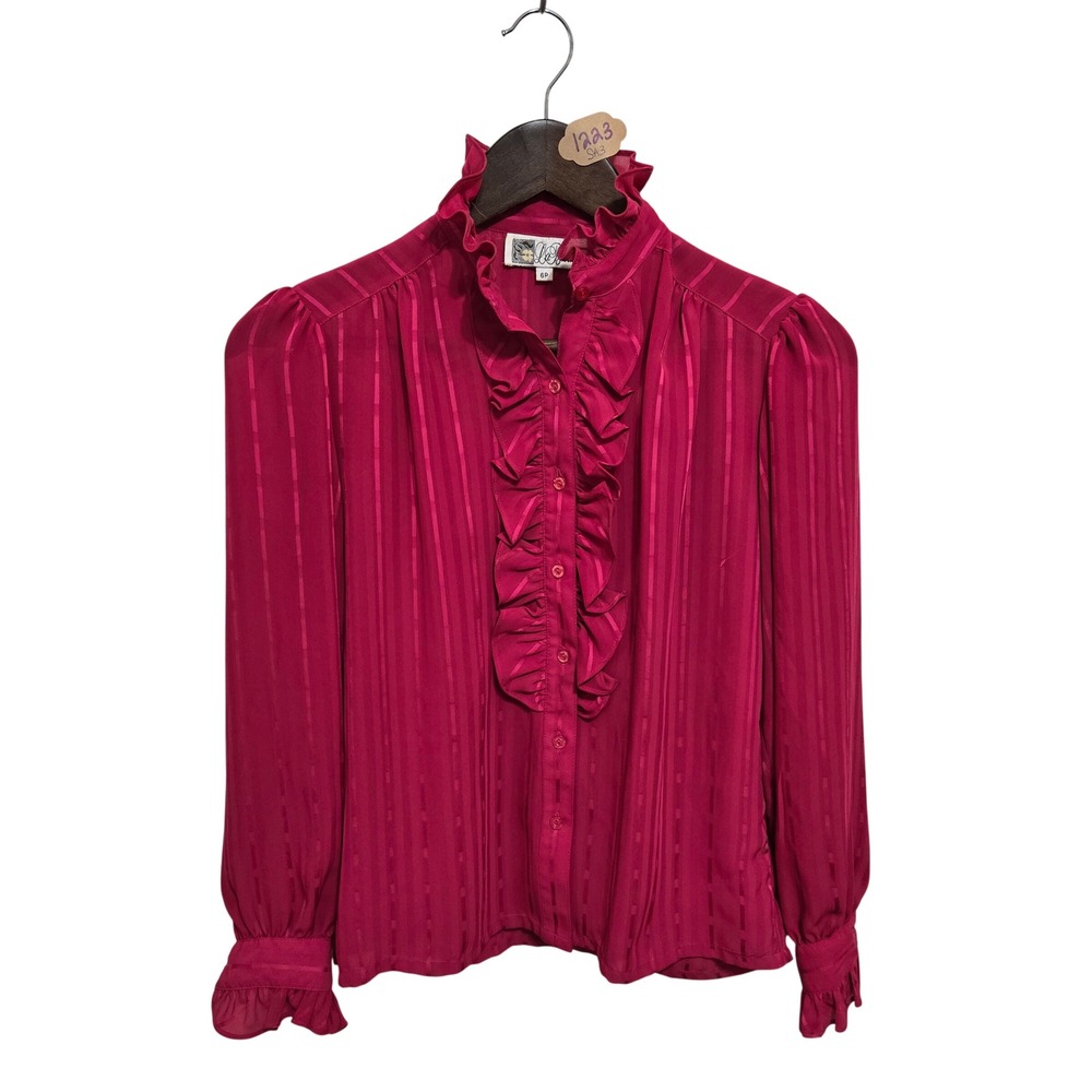 Vintage‎ La Blouse Magenta Pink Ruffle Neck Jabot Stripe Blouse 70s Womens 6P